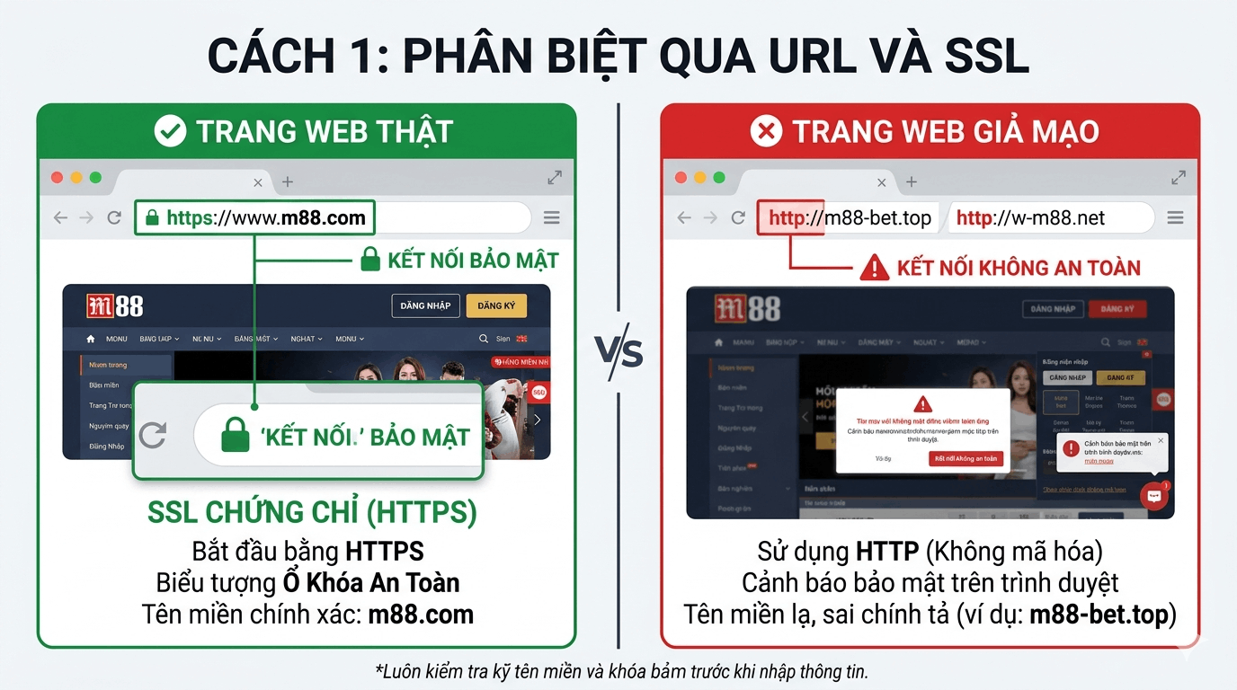 3 cách phân biệt trang M88 chính thức và trang giả mạo 6 Cách kiểm tra link vào M88 chính thức qua chứng chỉ bảo mật SSL và URL https.