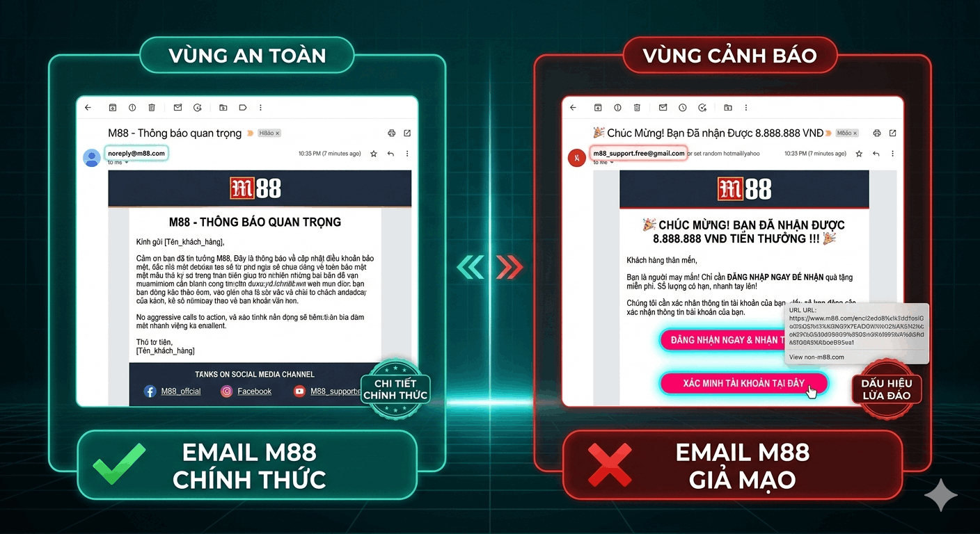 3 cách phân biệt trang M88 chính thức và trang giả mạo 8 Nhận diện email thông báo từ M88 chính thức và email lừa đảo mạo danh.