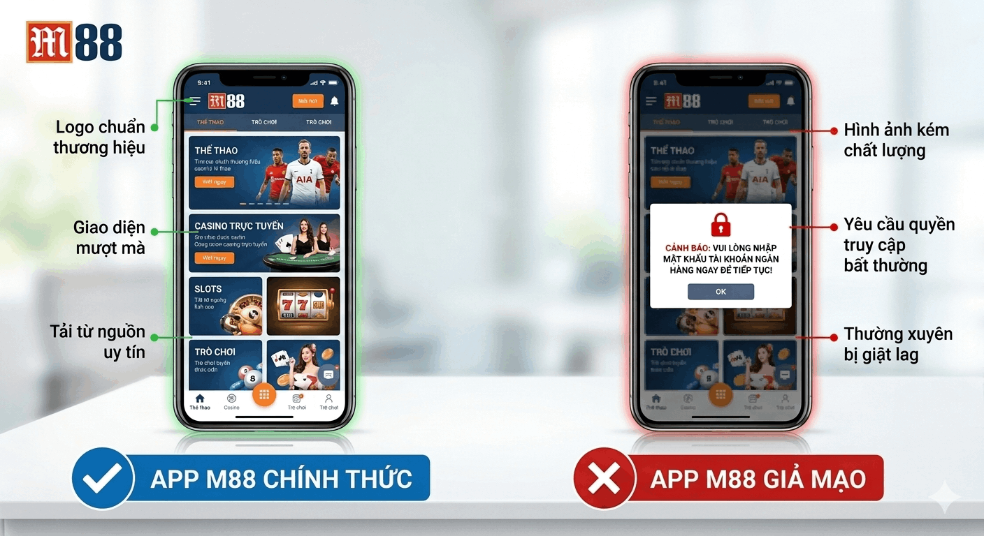 3 cách phân biệt trang M88 chính thức và trang giả mạo 7 So sánh giao diện ứng dụng M88 chính thức và app giả mạo trên điện thoại.